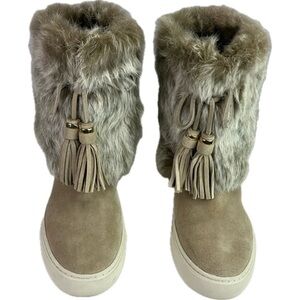 TORY BURCH DARK KNOT BEIGE ANGELICA BOOT RABBIT FUR SPLIT SUEDE SNEAKER
